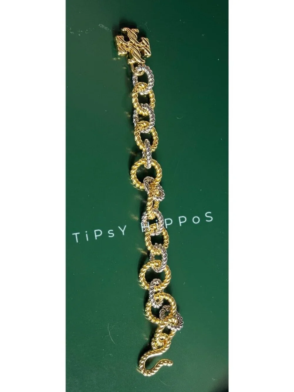 Tory Burch Gold & Silver Twist Rope Chain Bracelet With Logo Pendant In Gift Pou